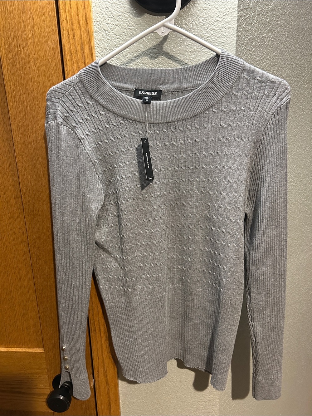 Express Light Gray Textured Crewneck Sweater
